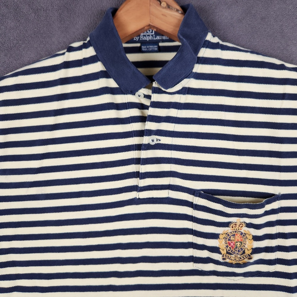 Vintage Polo Ralph Lauren‎ Polo Shirt Mens Small Navy Cream Striped Crest Pocket